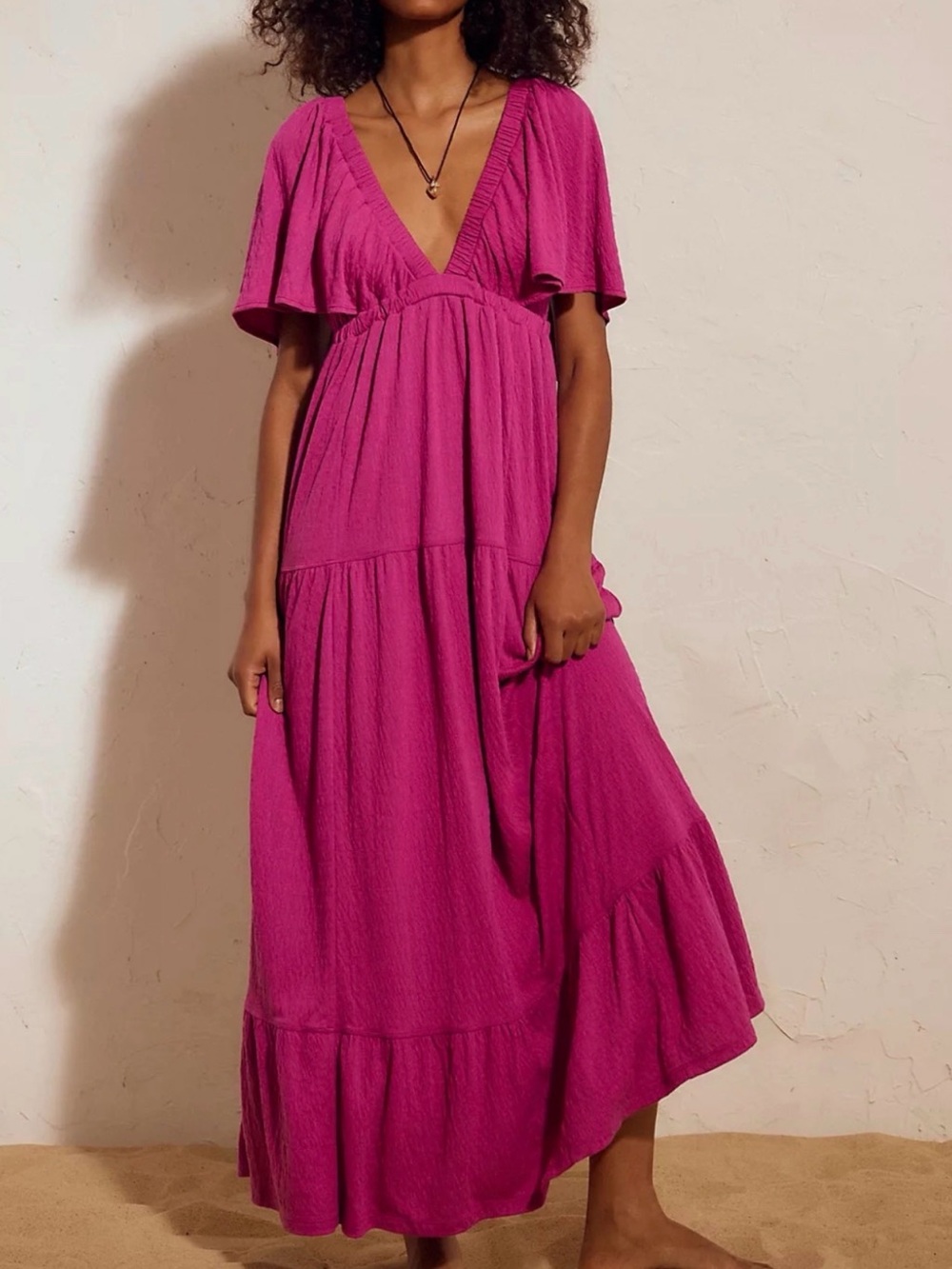 Free People Deep V Maxi Dress in Fuchsia
